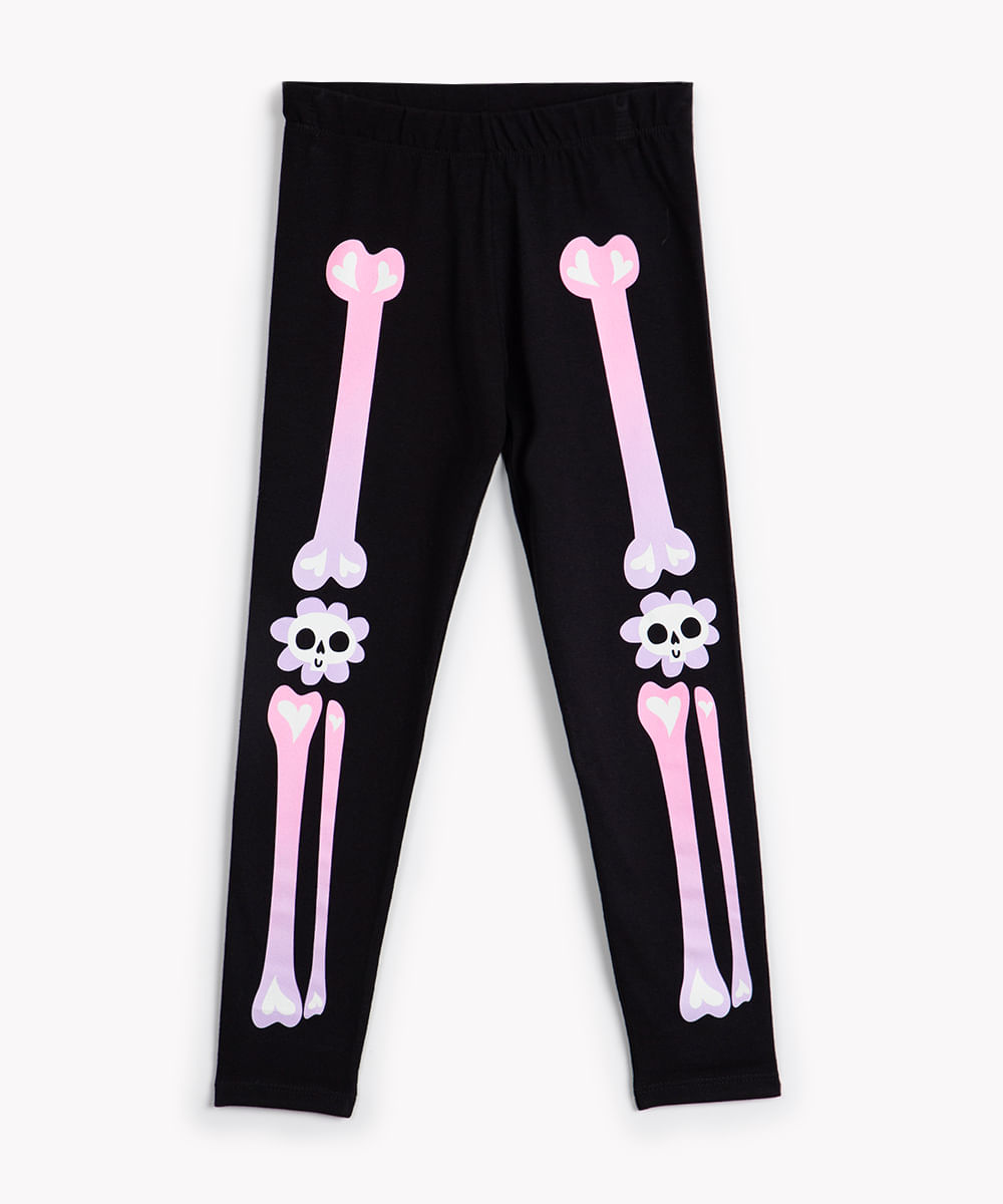 calça legging infantil esqueleto preta