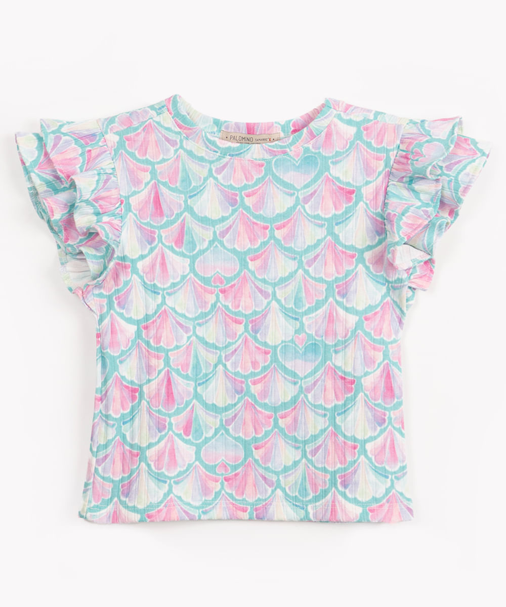 blusa infantil com babados conchas e corações multicor