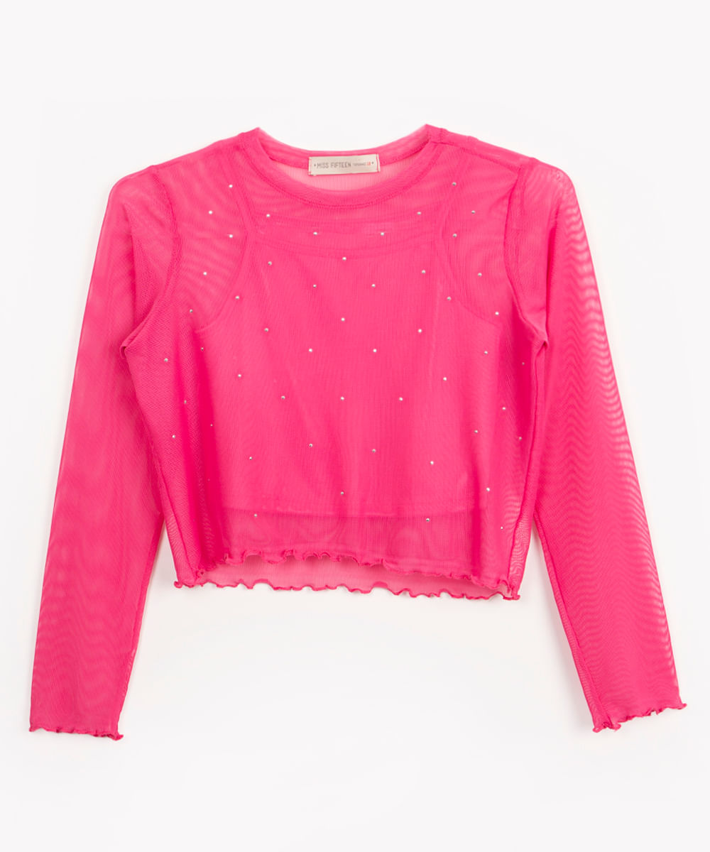 blusa de tule juvenil com brilho manga longa rosa