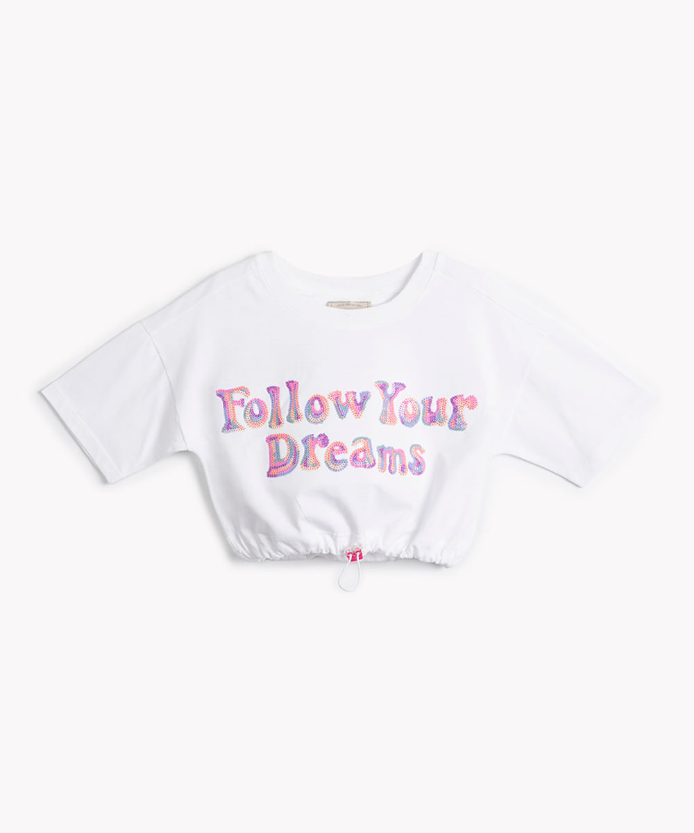 blusa de algodão follow your Dreams com paetê manga curta off white