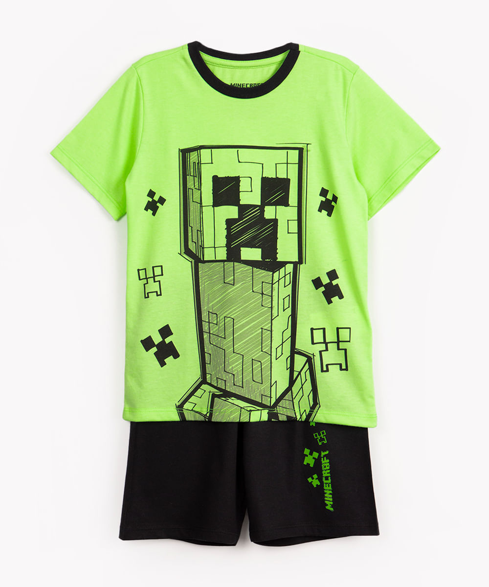 pijama de algodão infantil Minecraft manga longa verde