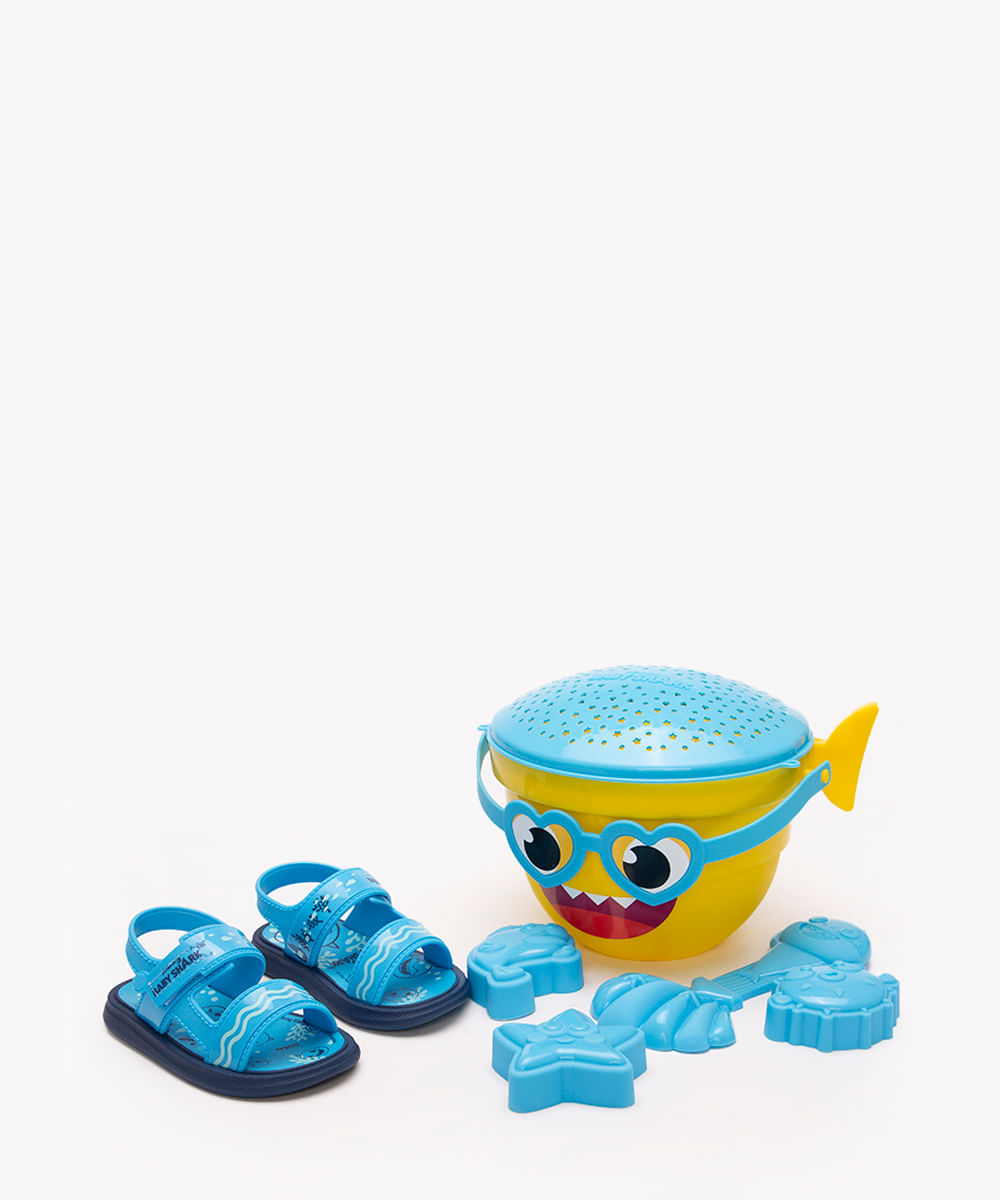 sandália infantil baby shark com balde de praia grendene azul