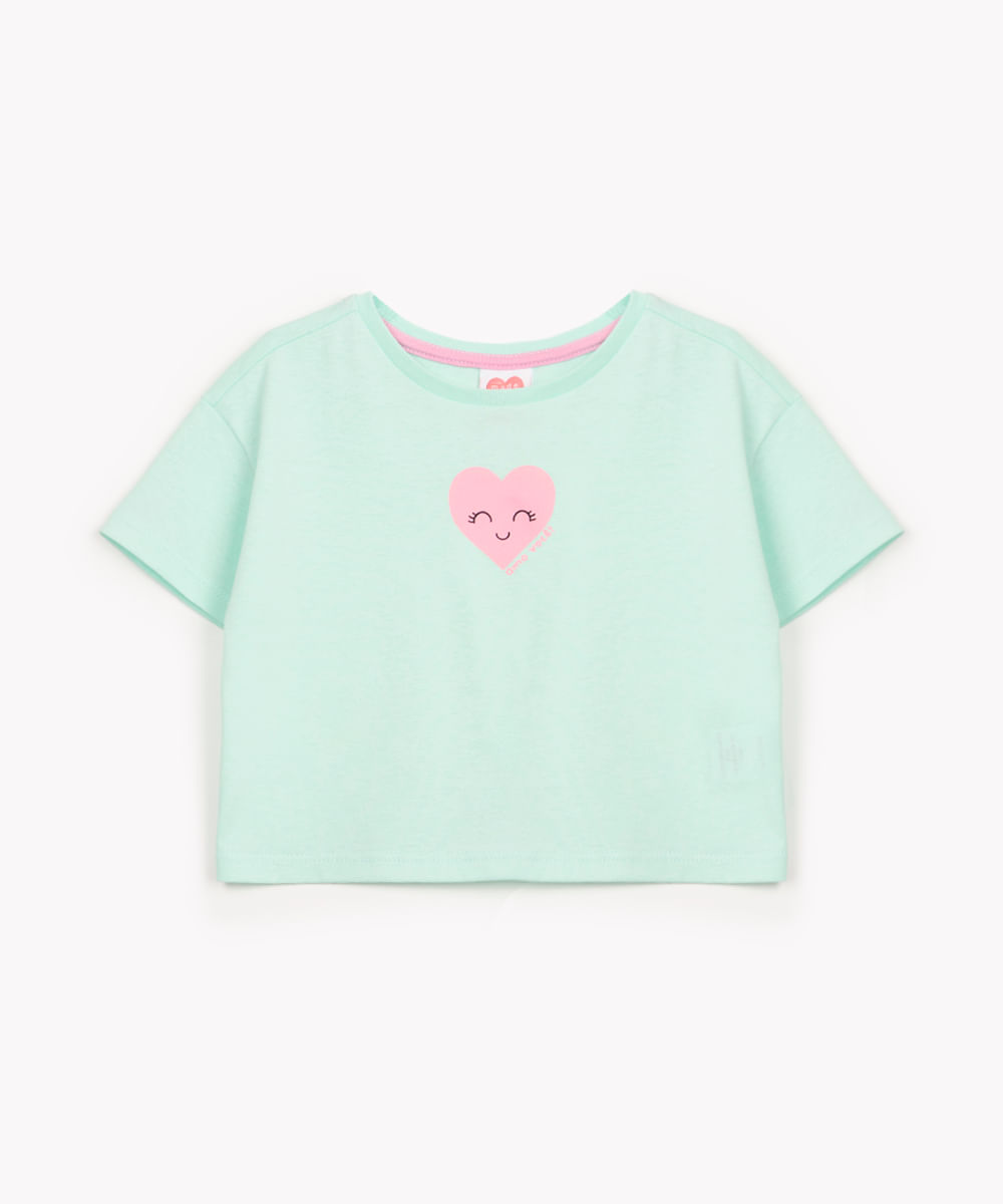 blusa de algodão infantil coração manga curta azul médio