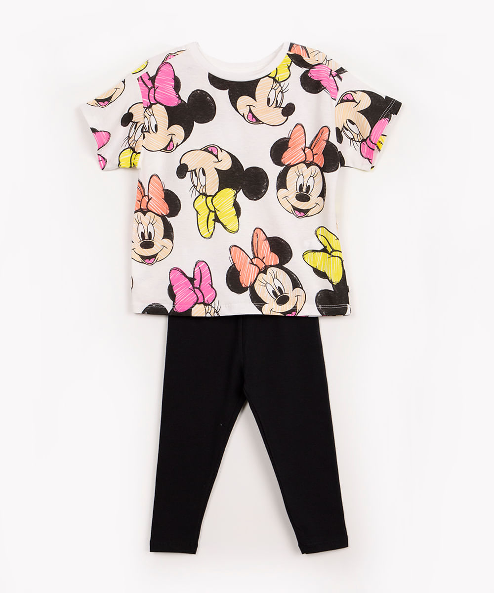 conjunto de algodão infantil Minnie manga curta off white