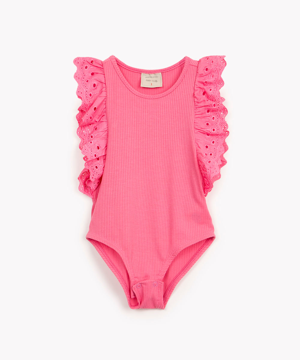 body infantil canelado com babado em laise pink