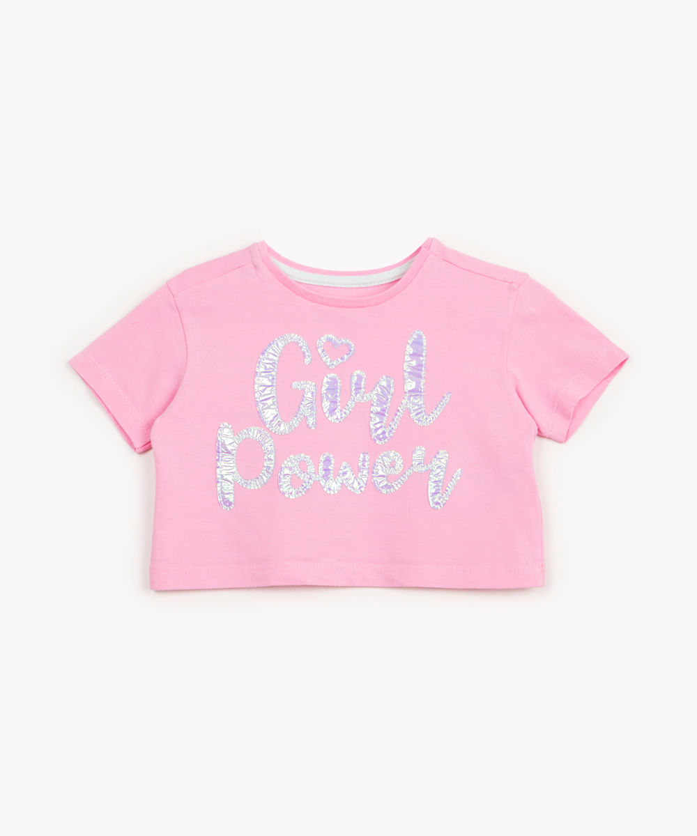 blusa de algodão infantil girl power manga curta rosa chiclete