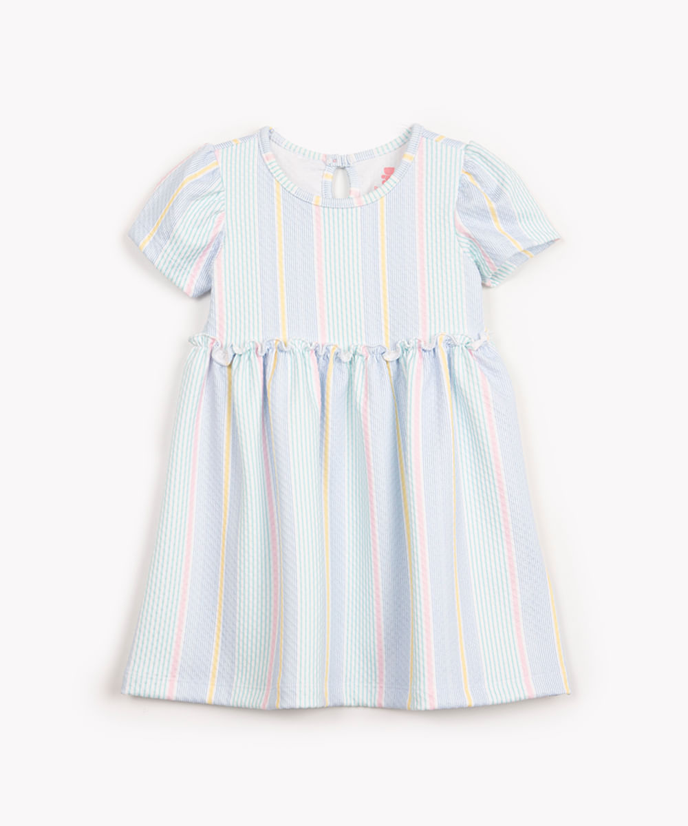 vestido infantil listrado com babadinho manga curta off white