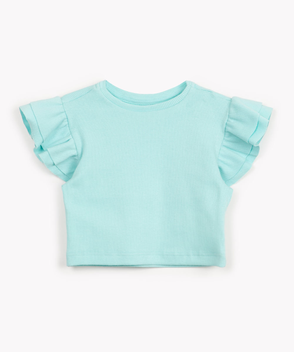 blusa infantil de malha canelada com babado azul claro