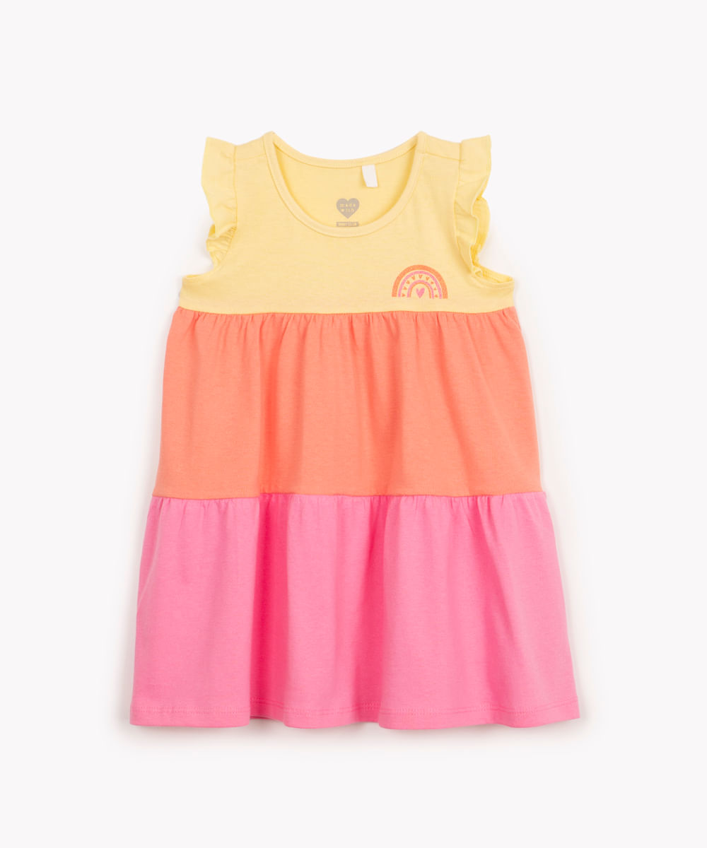 vestido de algodão infantil com recortes e babados amarelo