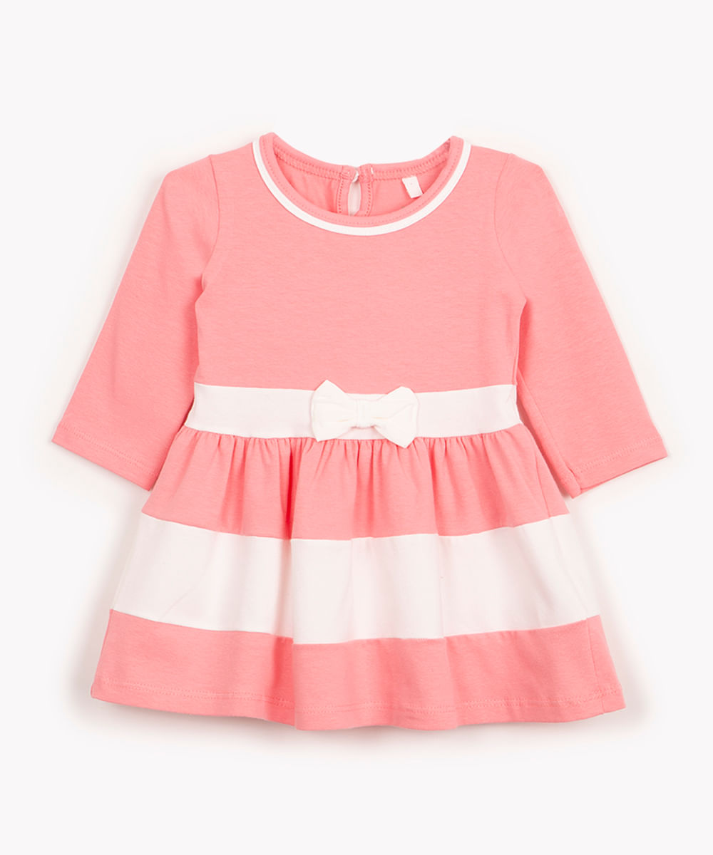 vestido de algodão infantil com laço manga longa rosa