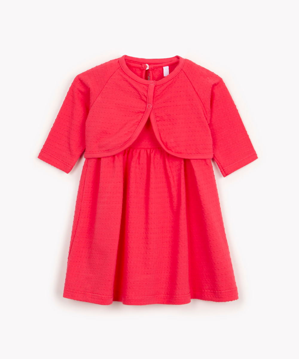 vestido de algodão infantil texturizado com bolero rosa