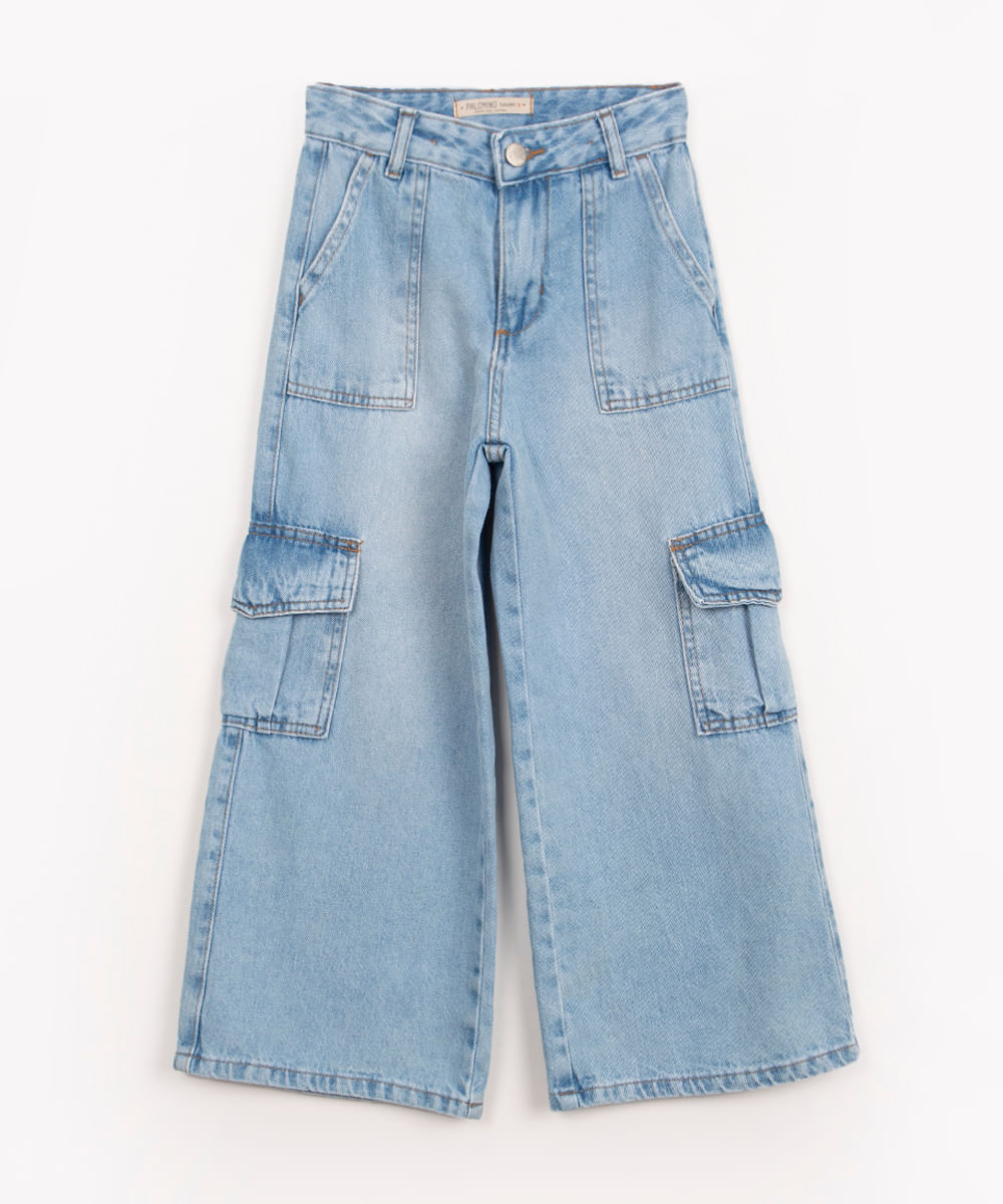 calça jeans infantil wide leg cargo high jeans claro