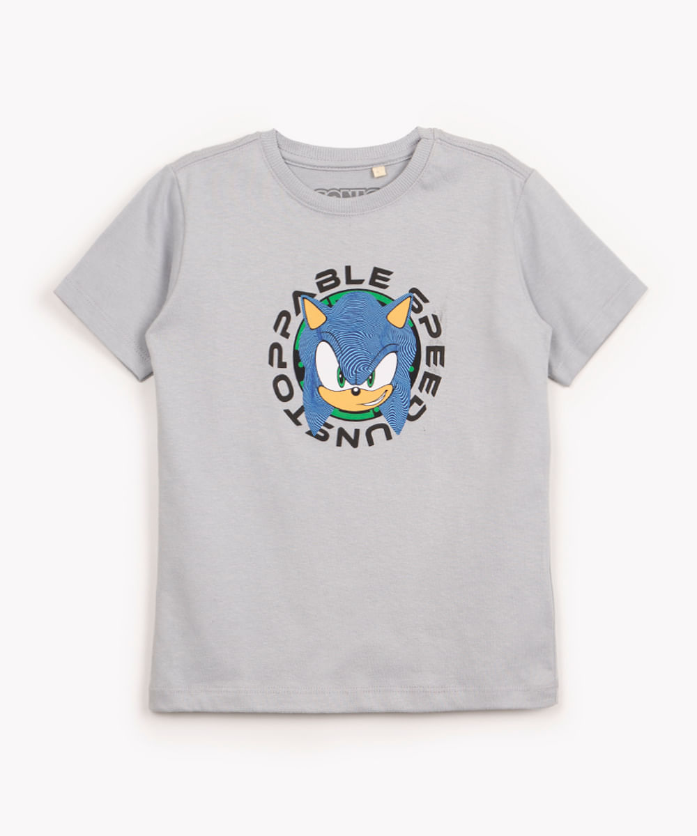 camiseta de algodão infantil Sonic manga curta cinza claro