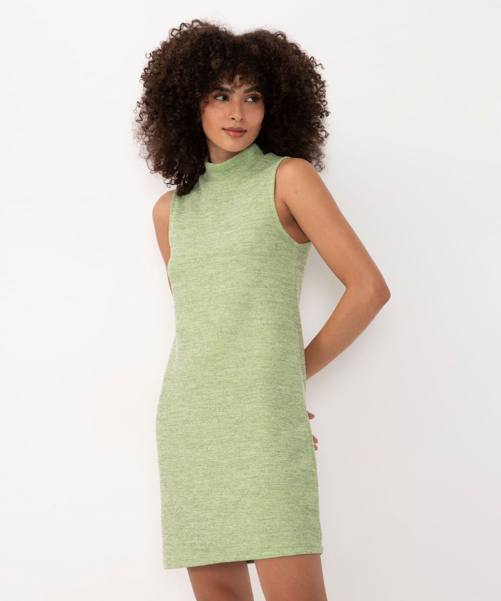 vestido curto canelado gola alta verde