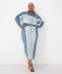 Saia Midi Jeans Cintura Alta Com Fenda E Patchwork