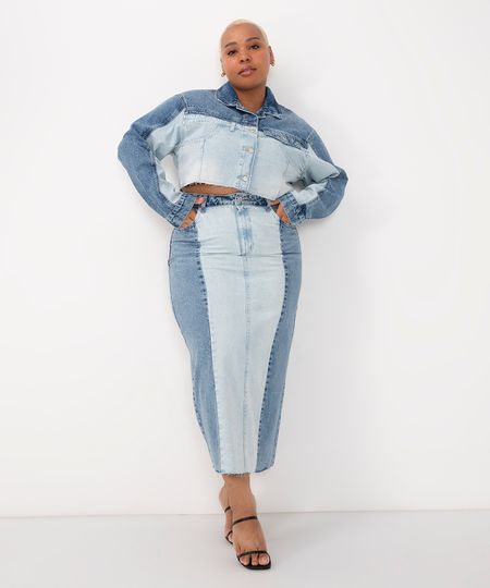Saia Midi Jeans Cintura Alta Com Fenda E Patchwork