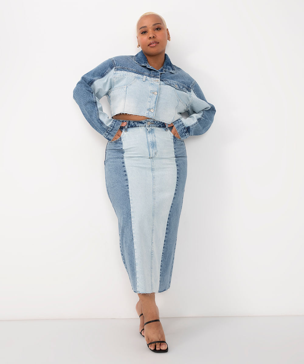 saia jeans midi patchwork com fenda cintura alta azul médio