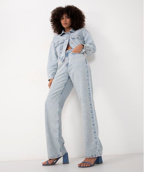 Calça Jeans Reta Cintura Super Alta Brilho Claro