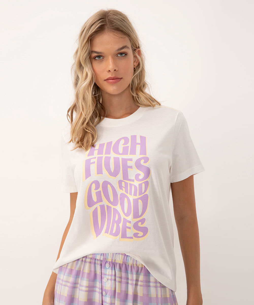 camiseta de algodão high fives and good vibes manga curta off white