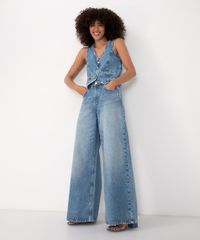 Calça Jeans Super Wide Leg Cintura Média Gancho Deslocado