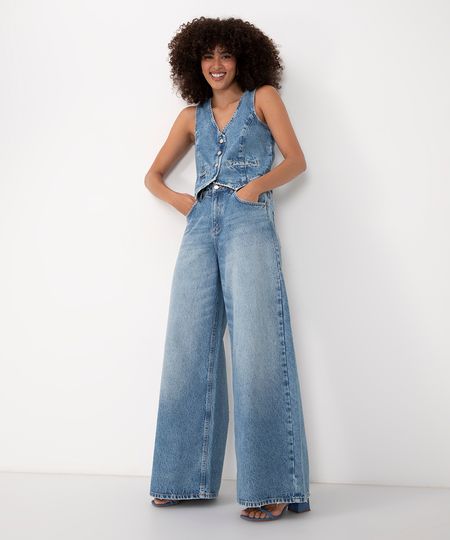 Calça Jeans Super Wide Leg Cintura Média Gancho Deslocado