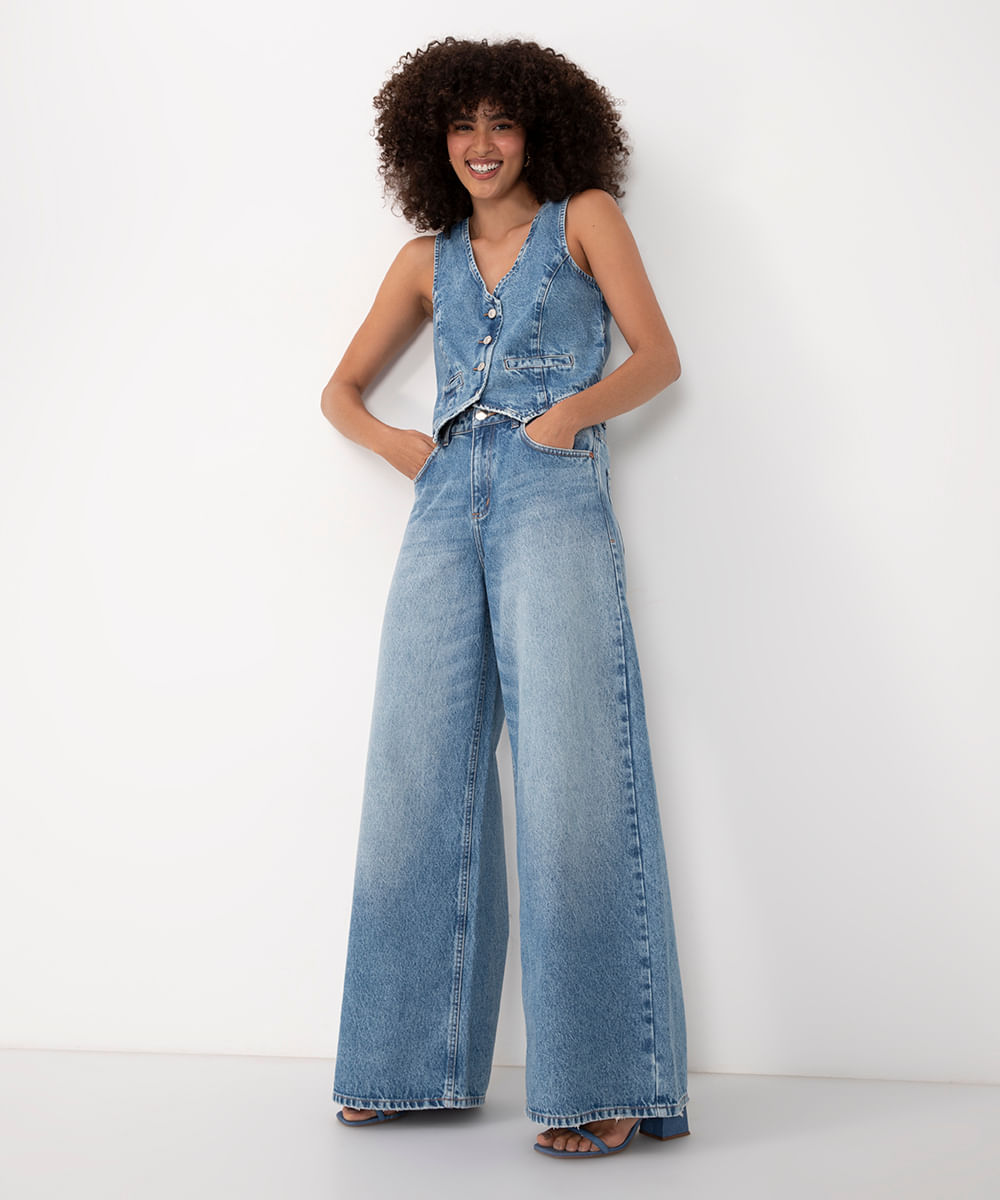 calça jeans super wide leg cintura média azul médio