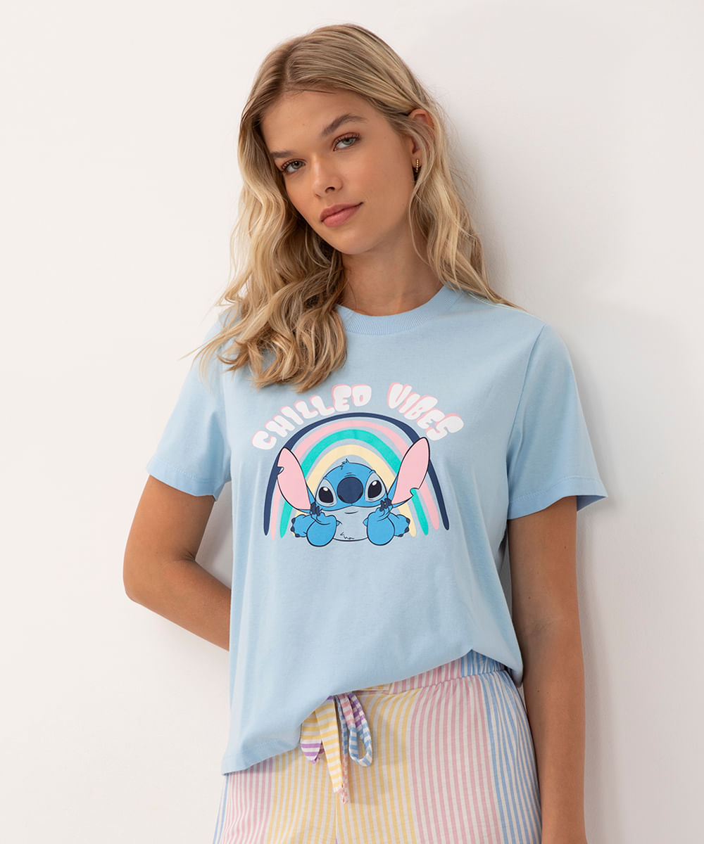 camiseta de algodão stitch manga curta azul