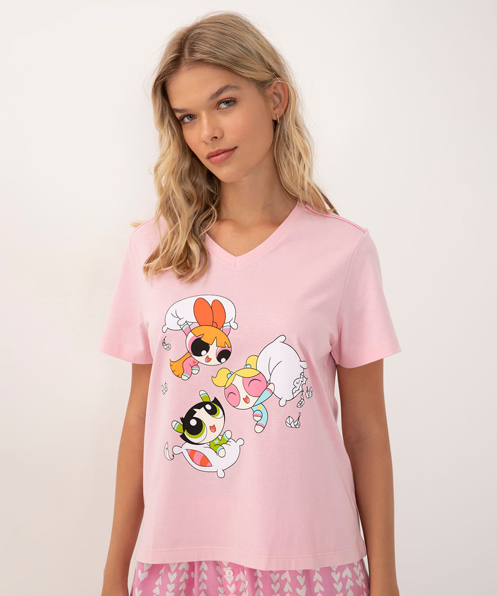 camiseta de pijama meninas super poderosas manga curta rosa chiclete