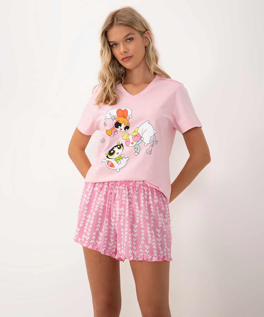 short de pijama corações com botão rosa chiclete