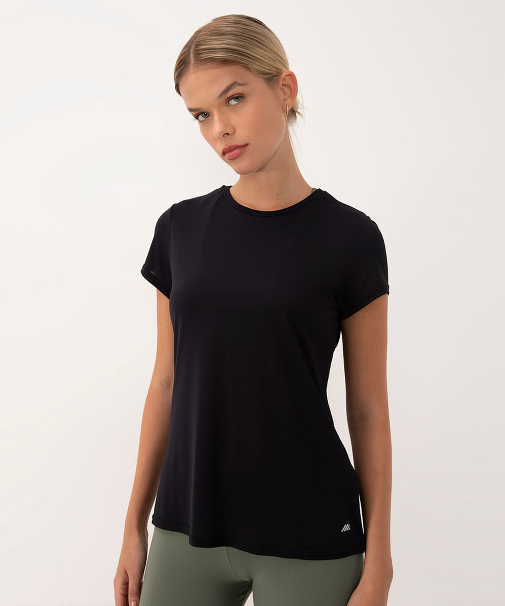 camiseta feminina esportiva ace com recorte manga curta preta