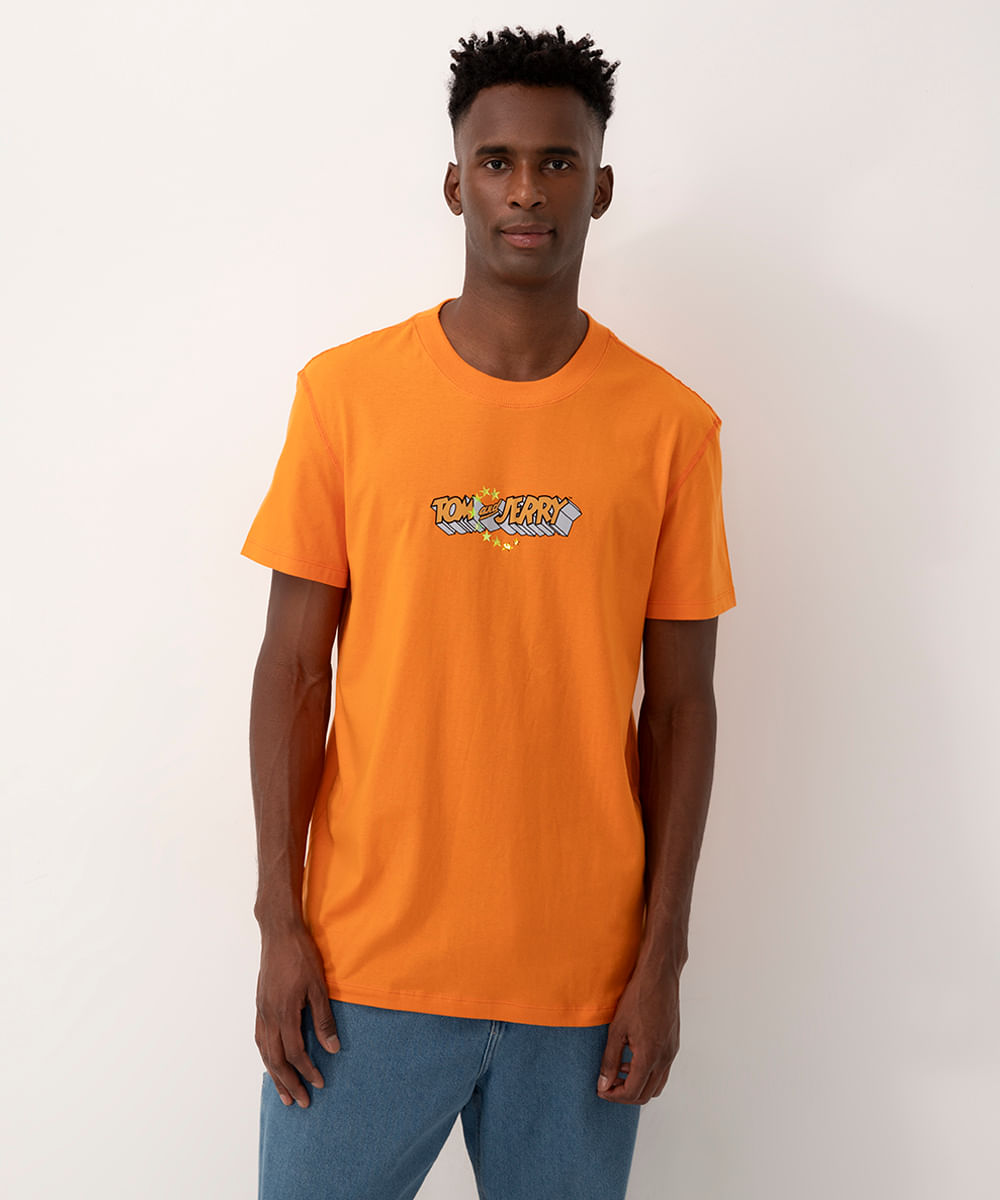 camiseta de algodão tom e jerry manga curta laranja