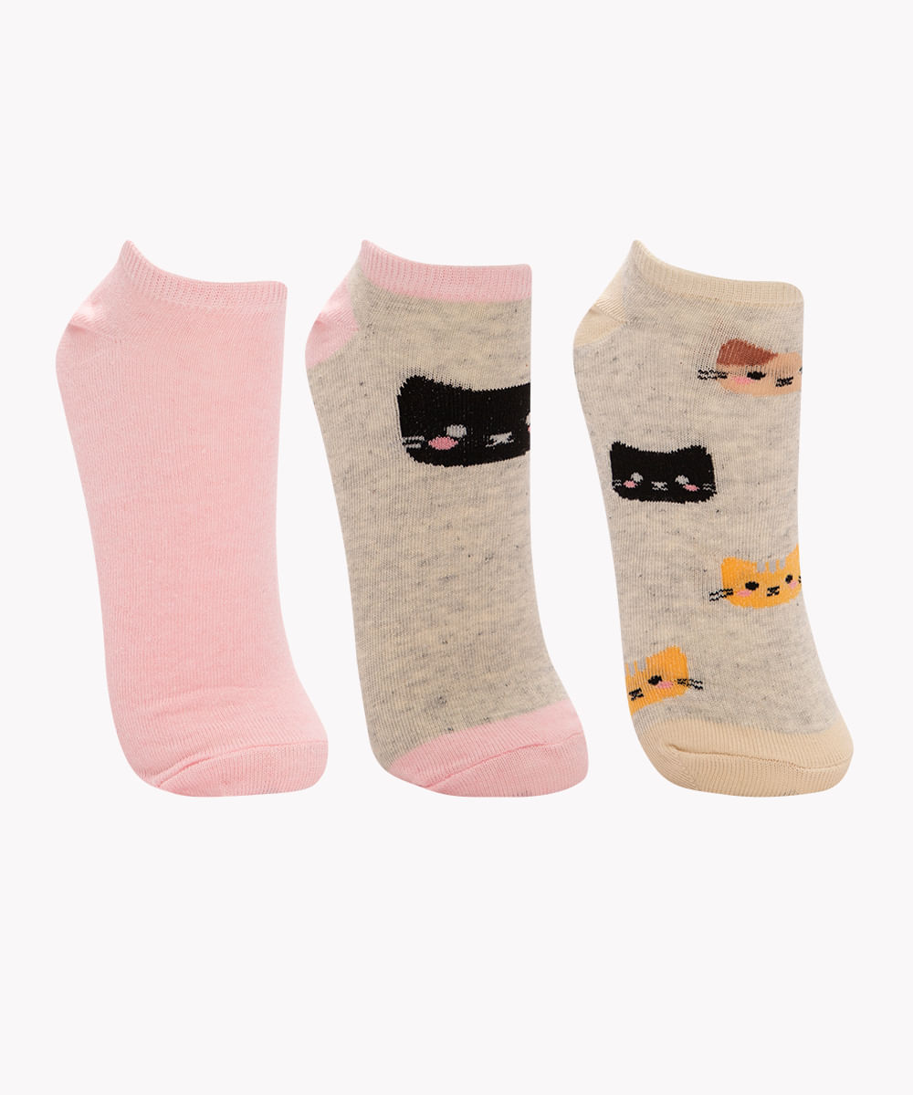 kit de 3 pares de meias cano baixo gatinhos colorido