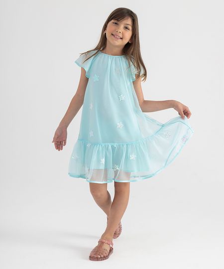 vestido de tule infantil com paetê estrelas manga curta azul 4 vestido de tule infantil com paetê estrelas manga curta azul 4
