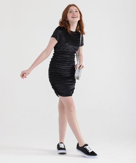 vestido juvenil aveludado brilhos manga curta preto 10