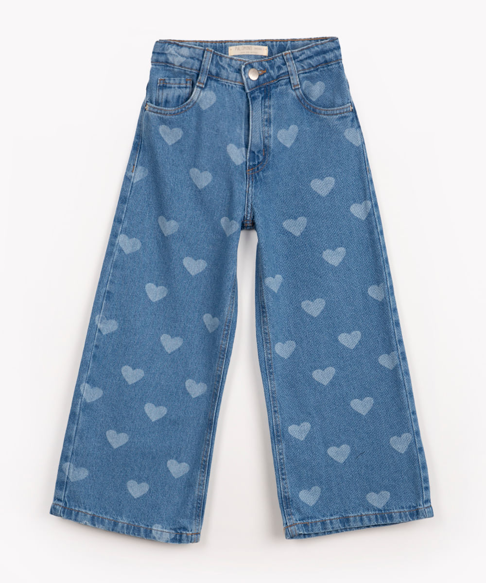 calça jeans infantil wide leg corações azul escuro