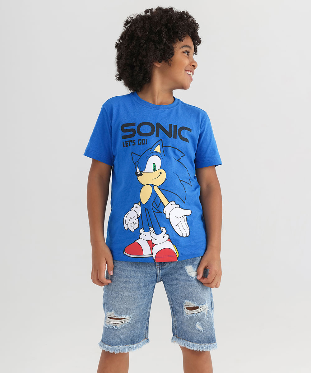 camiseta de algodão infantil Sonic manga curta azul royal