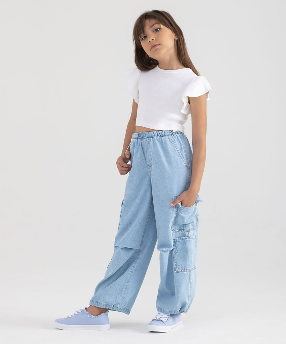 calça jeans infantil parachute com bolsos azul claro