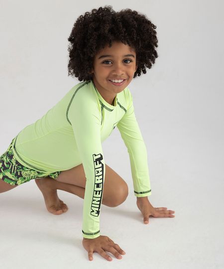camiseta infantil minecraft manga longa proteção uv verde 4