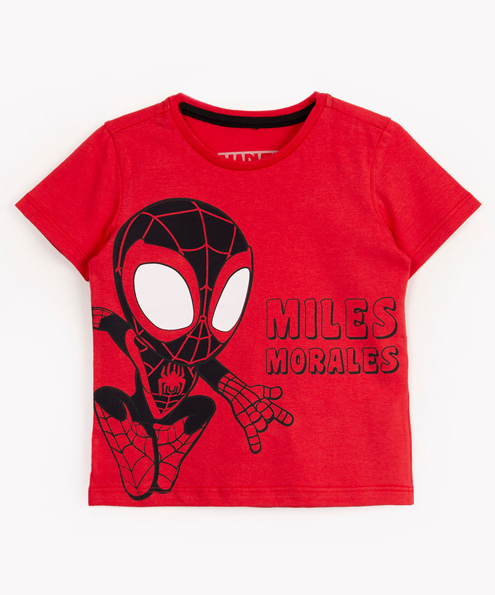 camiseta de algodão infantil miles morales manga curta vermelha