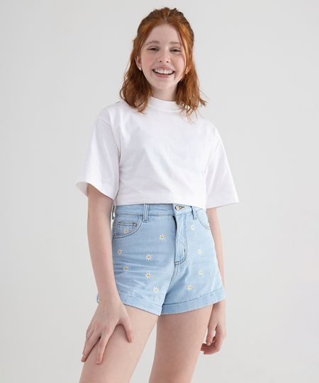 short jeans juvenil floral com bolsos azul claro 10