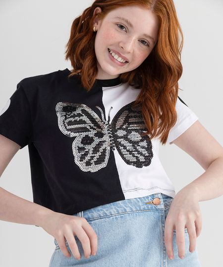 blusa cropped juvenil bicolor manga curta borboleta off white 10