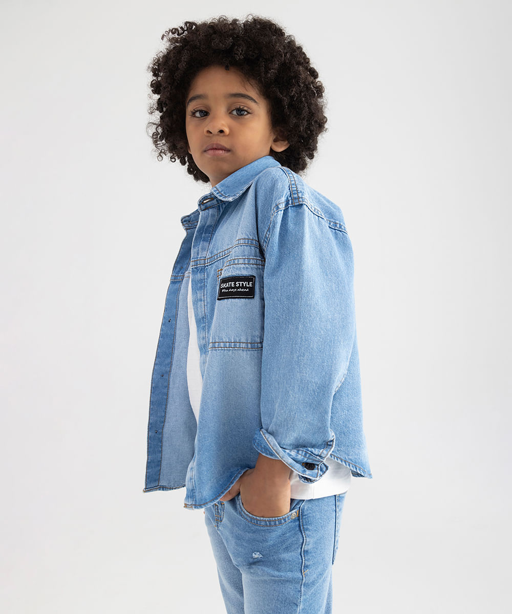 camisa infantil jeans manga longa skate style azul claro