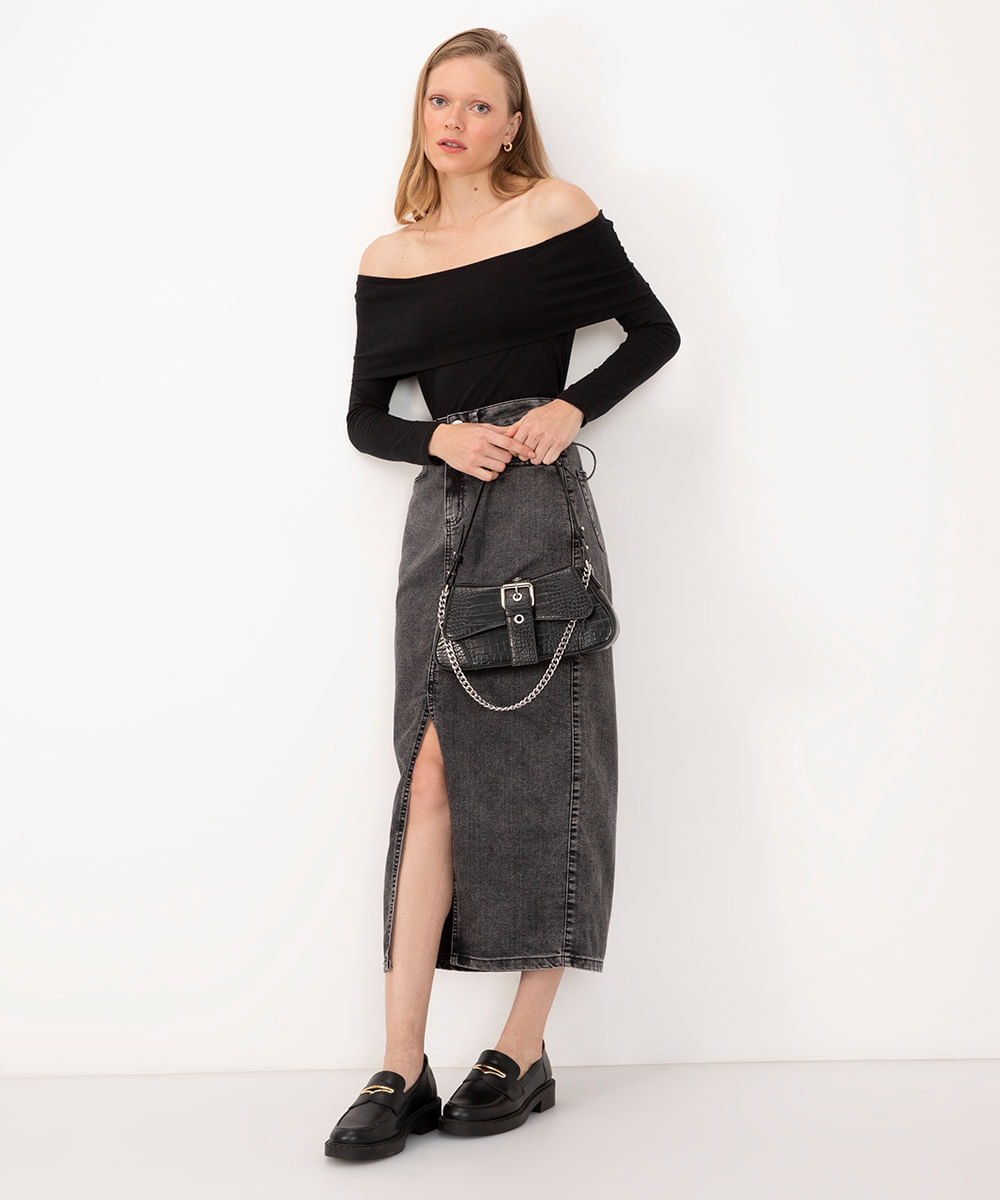 saia jeans midi cintura super alta com fenda black jeans