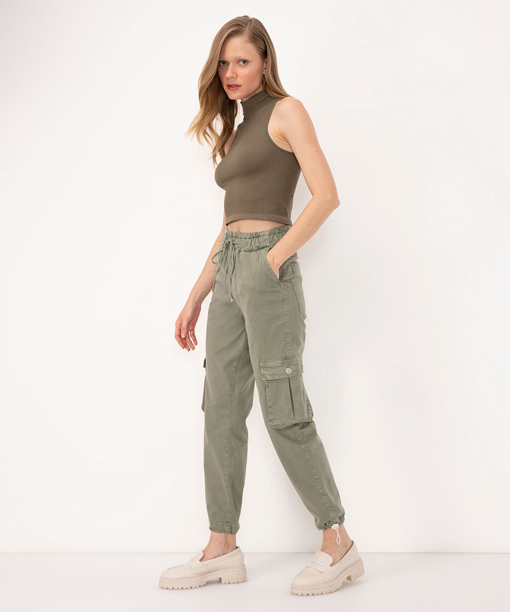 calça de sarja parachute cargo cintura alta sawary verde