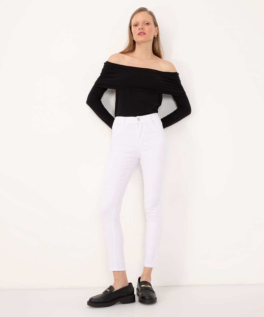 calça de sarja skinny cintura média com bolsos sawary branco