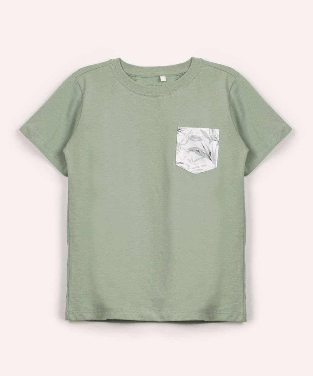 camiseta infantil de algodão com bolso folhagem verde