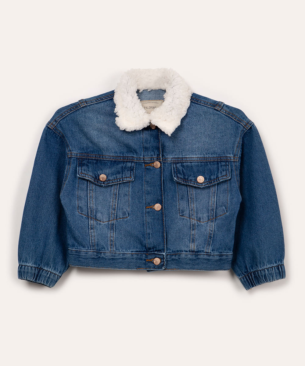 jaqueta jeans infantil manga longas gola com sherpa jeans escuro