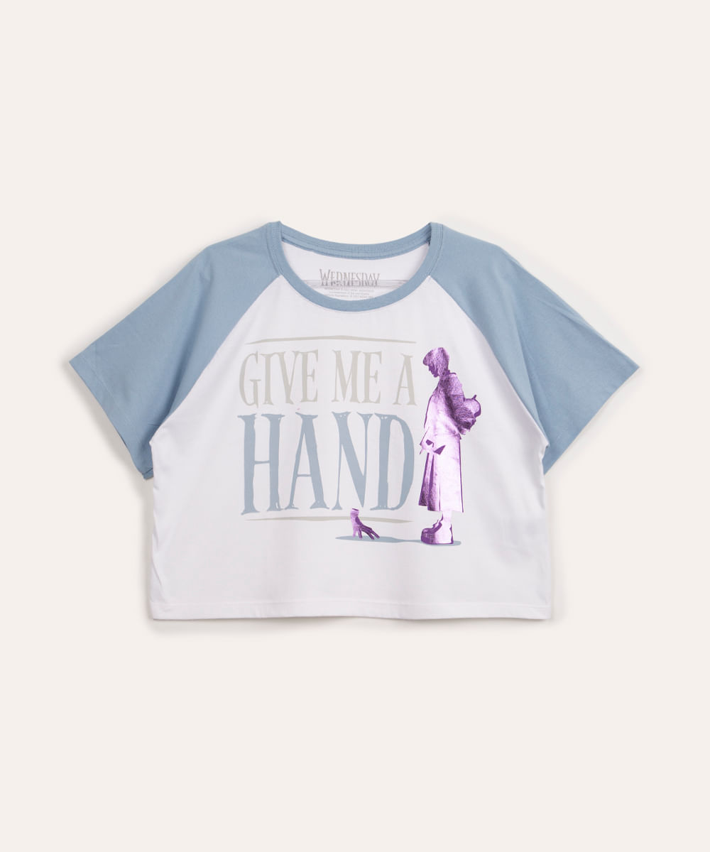 blusa juvenil wandinha manga curta raglan azul claro