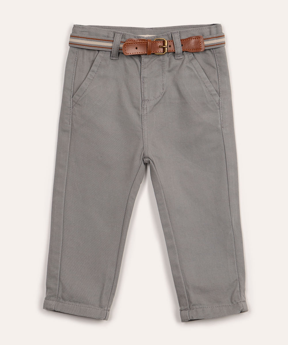 calça de sarja infantil com bolsos e cinto cinza