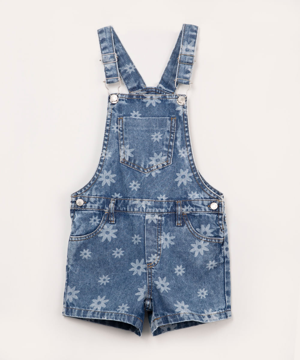 jardineira jeans infantil floral com bolsos azul claro